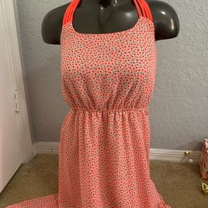 long orange and pink colored floral dress